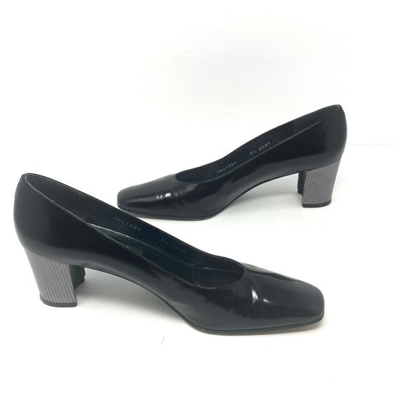 Stuart Weitzman 9.5 AAA 90's Square Toe Pumps Narrow Black Patent Metallic Heel - Picture 3 of 10